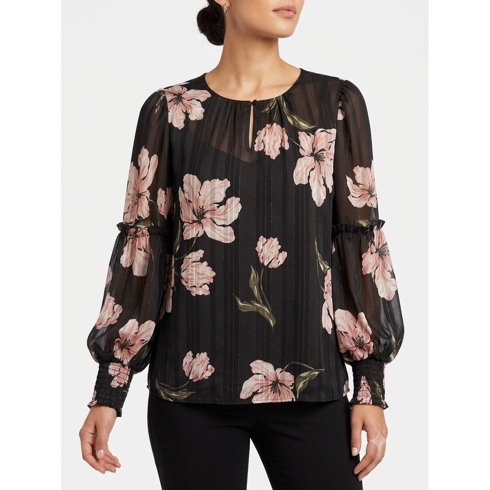 CeCe Bohemian Fairy Ethereal Floral Metallic Balloon Sleeve M Keyhole Top